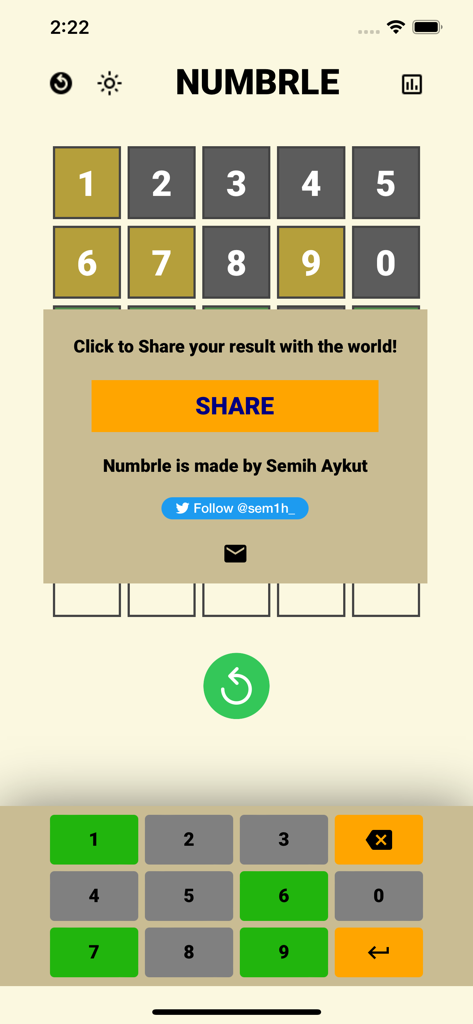 Numbrle - Numbrle mobile game interface showing the share results pop-up window with developer credits