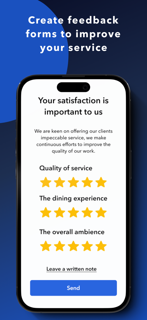 Un smartphone affichant une enquête de satisfaction client dans l'application Convivio Digital Menu, comprenant des échelles de notation cinq étoiles pour le service et l'ambiance.