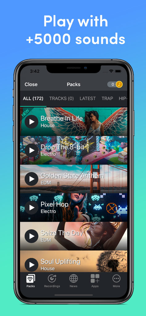 Beat Snap - Music & Beat Maker - Beat Snap app interface showing a list of professional music sound packs for electronic and house genres