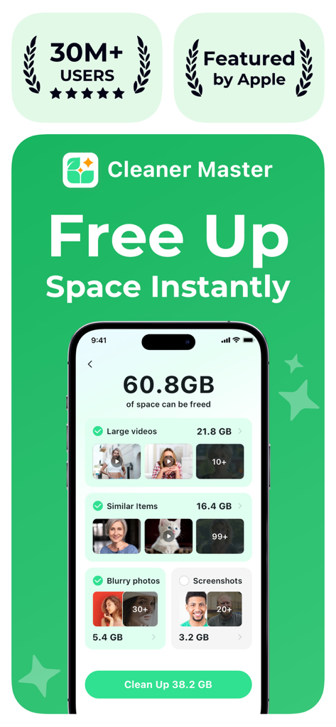 Cleaner Master:Storage Cleanup - Cleaner Master app interface displaying storage analysis and cleanup options for large videos and similar photos