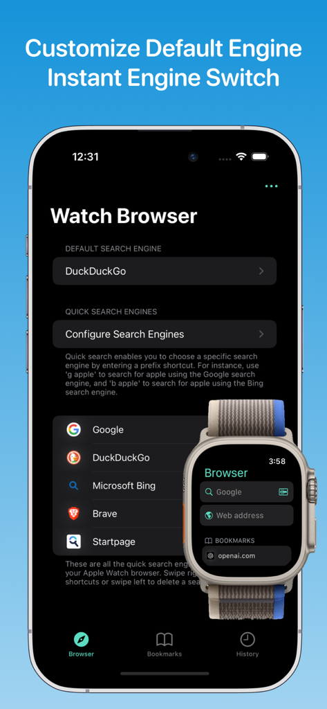 Browser for Watch - iPhone and Apple Watch displaying search engine settings and browser interface for the Browser for Watch app