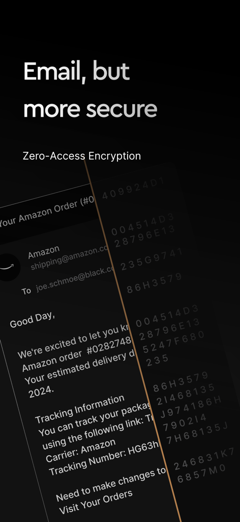 black.com - Encrypted Email - A split-screen visualization of a standard email next to its zero-access encrypted code representation