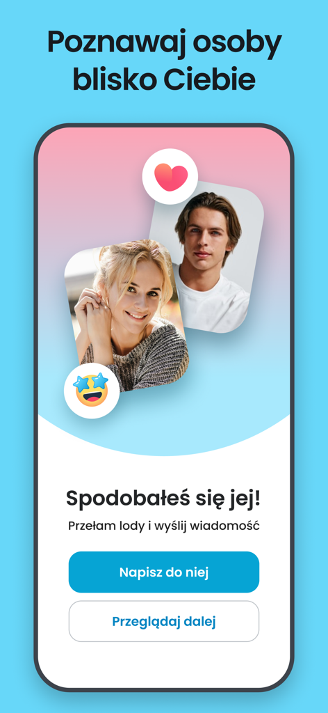 Fotka - dating, chats, streams - A match notification on the Fotka Polish dating app showing profile photos of a man and a woman with buttons to send a message or continue browsing.