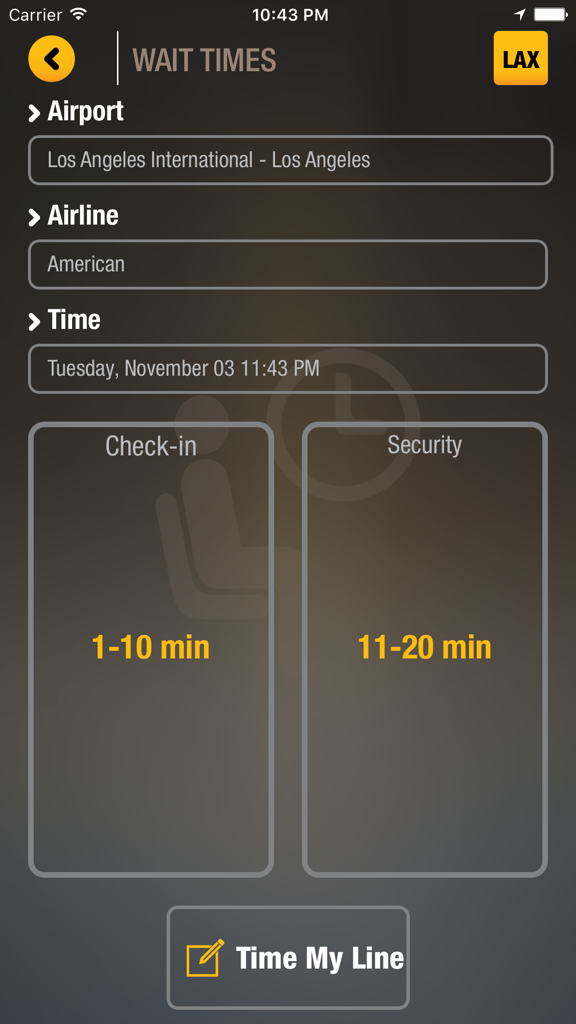 Terminal Buddy app showing real-time check-in and security wait times for American Airlines at Los Angeles International airport