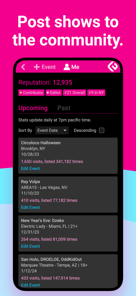 Edmtrain Concerts & Raves - Pantalla de la aplicación Edmtrain que muestra la reputación del usuario y próximos conciertos curados por la comunidad.