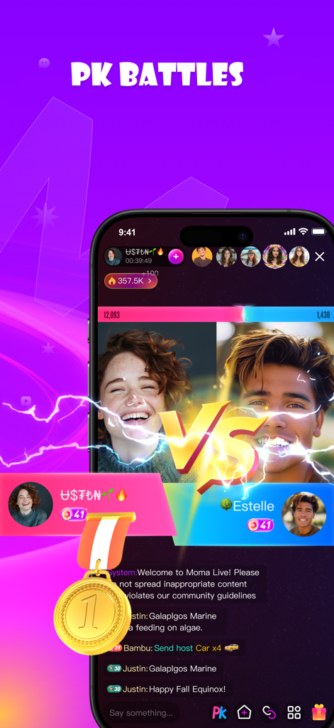 Moma Live App-Oberfläche, die einen interaktiven PK-Kampf zwischen zwei Live-Stream-Hosts mit einer goldenen Medaille und Blitzeffekten zeigt