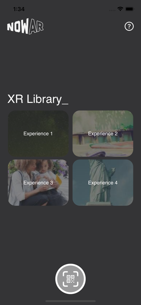 Monolook - Interface of the Monolook app displaying the XR Library with several preview cards for AR experiences and a QR code scanner icon at the bottom