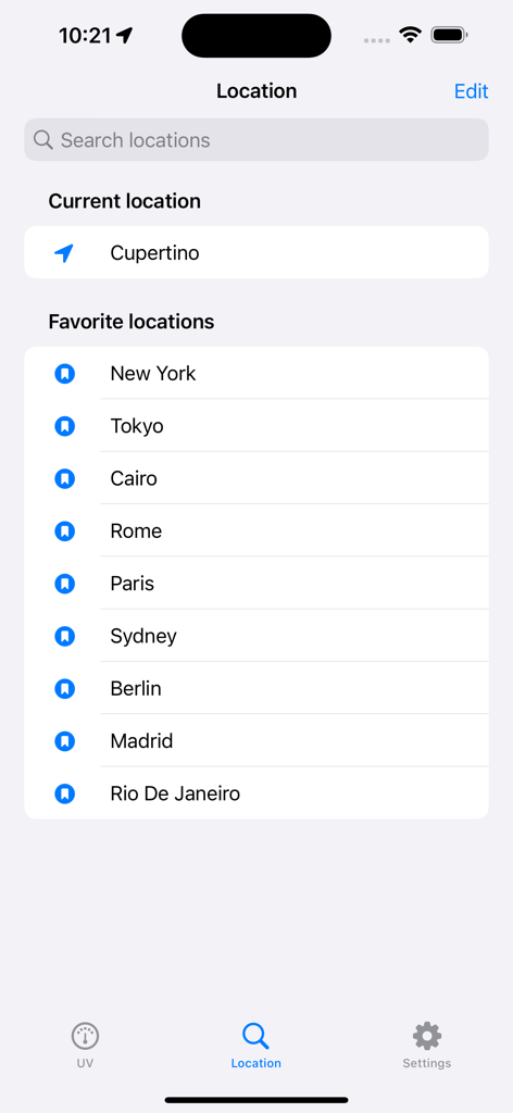A mobile app screen showing a list of favorite cities for tracking UV index and sun radiation levels.