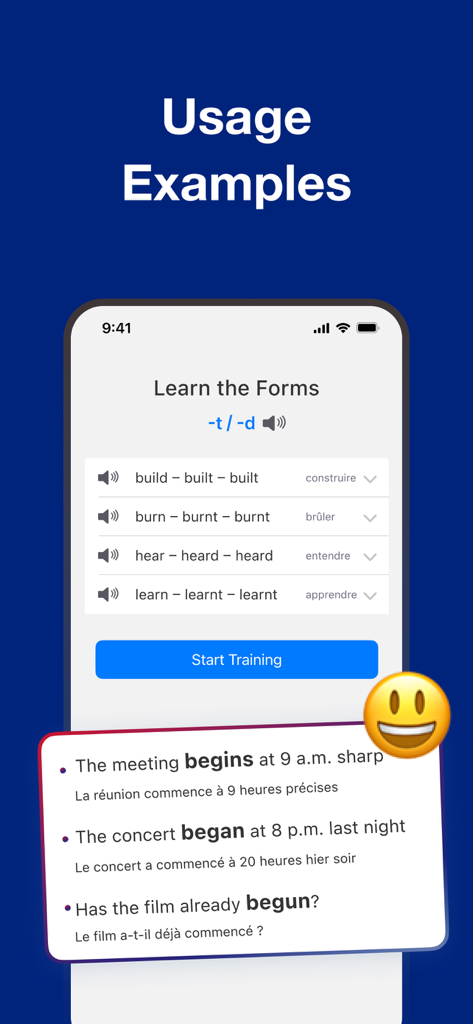 English Verbs: Learn Grammar - Interfaz que muestra formas de verbos irregulares en inglés y ejemplos de uso en oraciones con traducciones al francés.