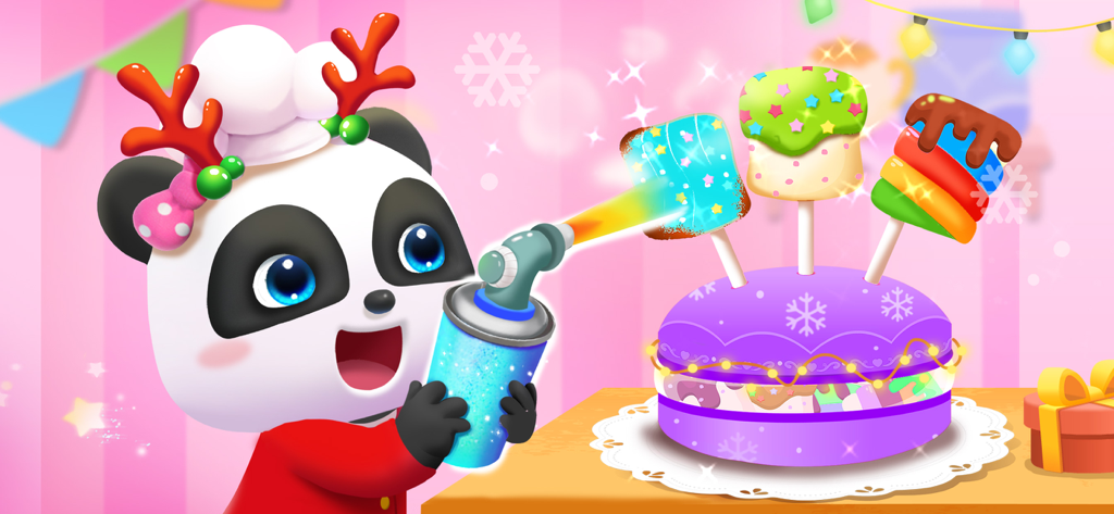 Baby Panda's Ice Cream Truck - Baby panda chef using a rainbow spray to decorate a purple cake and popsicles.