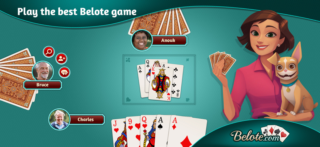 Belote.com - Coinche & Belote - Interface du jeu multijoueur Belote montrant les avatars des joueurs, une table de cartes et une femme tenant un chien