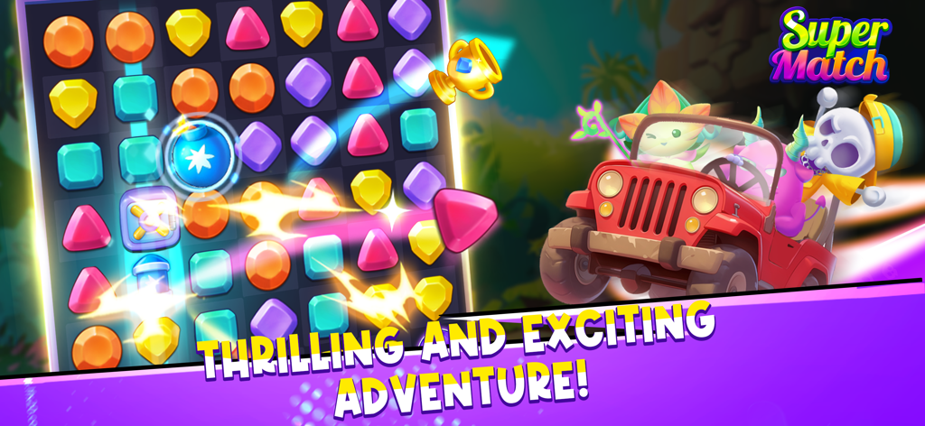Super Match - PvP Match 3 - Tabuleiro de quebra-cabeça match 3 PvP do Super Match com gemas coloridas e personagens em uma aventura de jipe vermelho