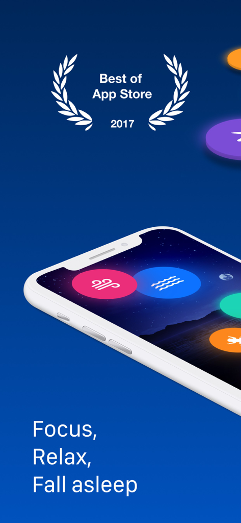 TaoMix 2: Sleep Sounds & Focus - TaoMix 2 sleep sounds app interface featuring Best of App Store 2017 award and colorful sound disks