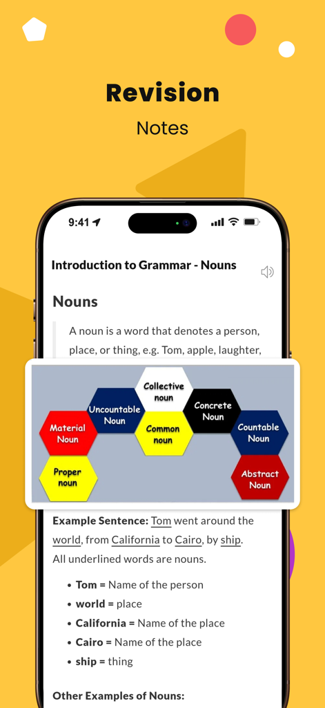 GMAT対策アプリの復習ノート画面で、文法規則と名詞の種類の図が表示されています