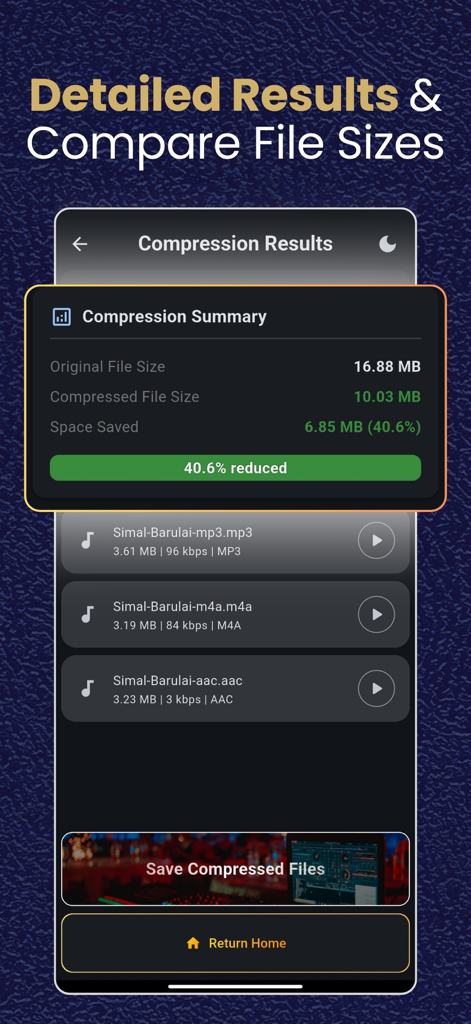 Tela de resultados de compressão de áudio comparando tamanhos de arquivo originais e reduzidos com um resumo da economia de armazenamento