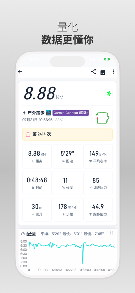 喜欢趣跑 - Detailed workout summary screen in the Love Fun Run app displaying distance, heart rate, and pace metrics.