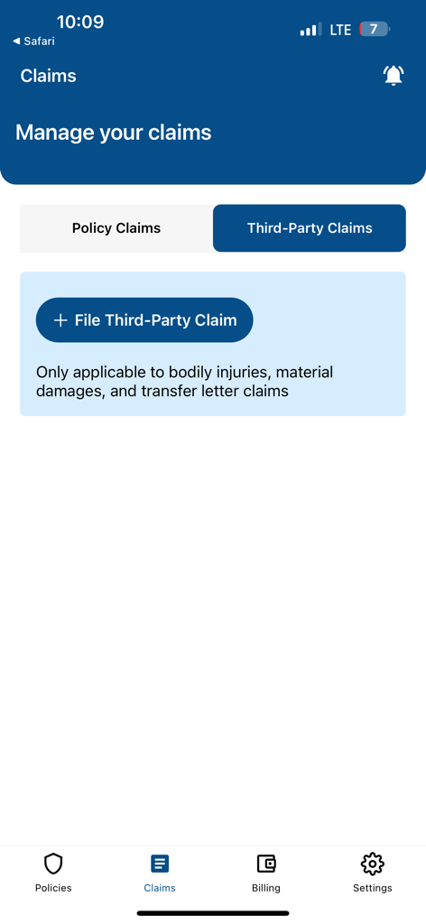 Pantalla de la aplicación E-NSURE para gestionar reclamaciones de seguros y presentar reclamaciones de terceros.
