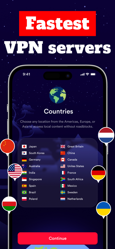 Interface móvel do VPN iNinja mostrando localizações de servidores globais e opções de conexão mais rápidas