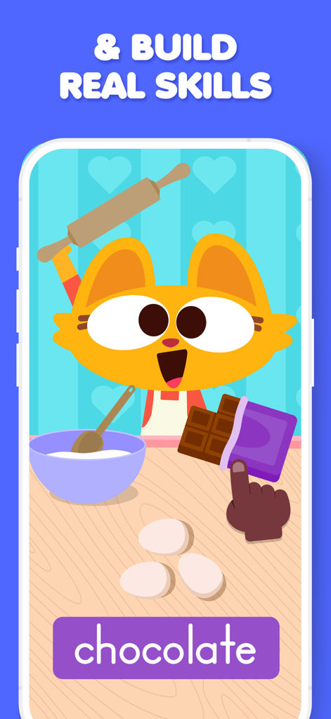 Un personaje de gato animado en un juego de cocina que enseña a los niños la palabra chocolate.