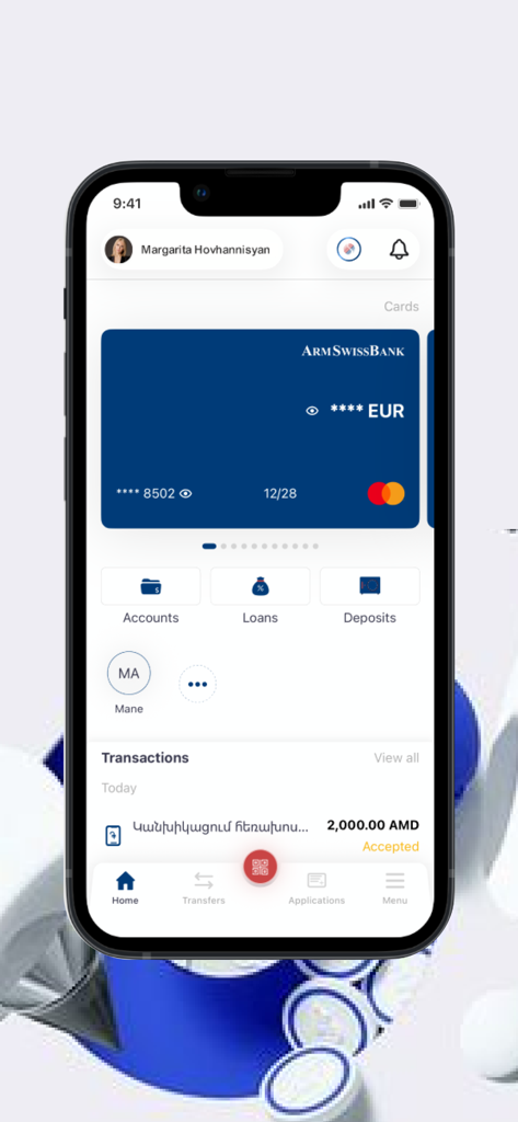 ArmSwiss Mobile Banking - ArmSwiss Mobile Banking app dashboard featuring a digital Mastercard, account options, and recent transactions.