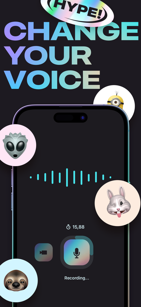 Interface of the Revoice AI Voice Changer app showing a voice recording screen with various character icons for voice transformation.