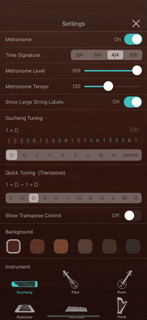 iGuzheng⁺ - Pro version - The settings screen of the iGuzheng Pro app displaying metronome tuning and instrument selection options