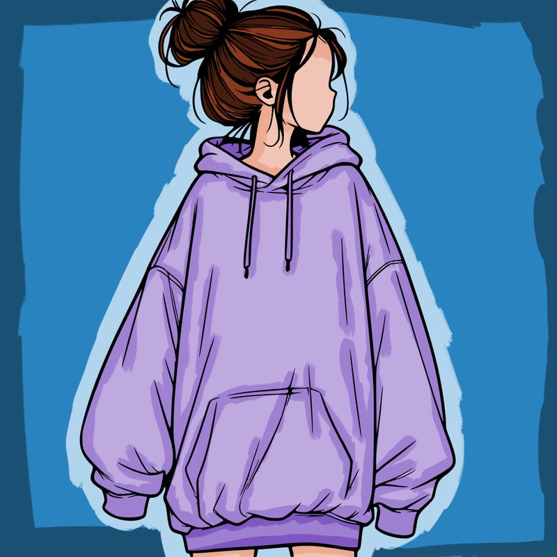 realistic girl with a oversized sweatshirt on and a bun