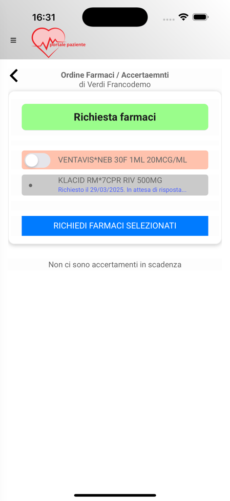 Portale paziente - Atlasmedica - Interfaz de la aplicación Atlasmedica patient portal que muestra la pantalla de solicitud de medicamentos para resurtidos de recetas.