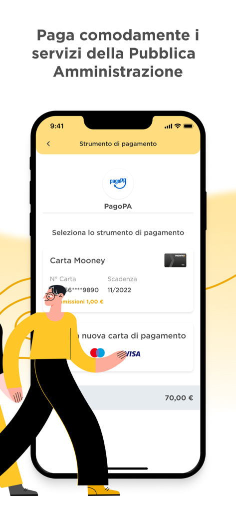 Pantalla de la app Mooney para seleccionar un método de pago para servicios de administración pública italiana a través de pagoPA