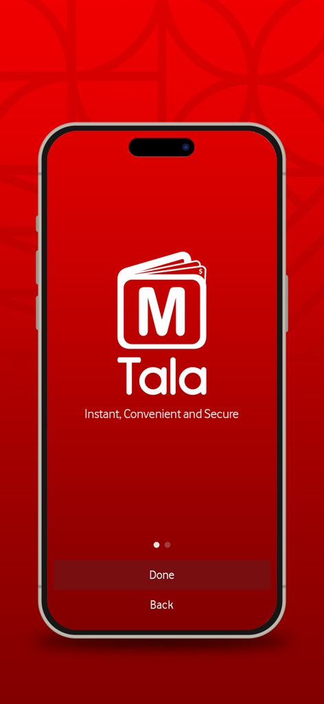 M-Tala - Pantalla de inicio de la aplicación móvil M-Tala con el logotipo de la billetera blanca y el eslogan sobre un fondo rojo