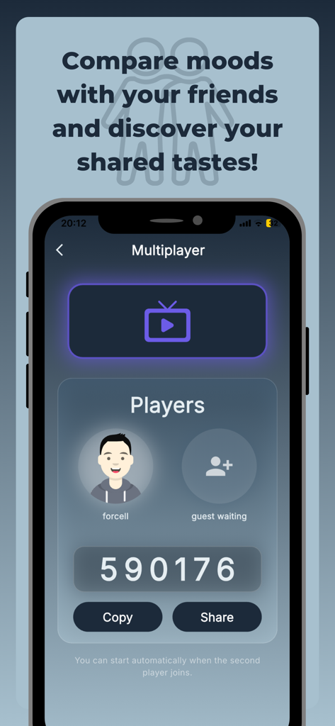Feely app multiplayer screen showing a shared session code to compare entertainment moods with friends.