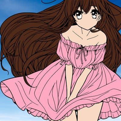 manga girl with long flowing hair and a dress that is pushed down