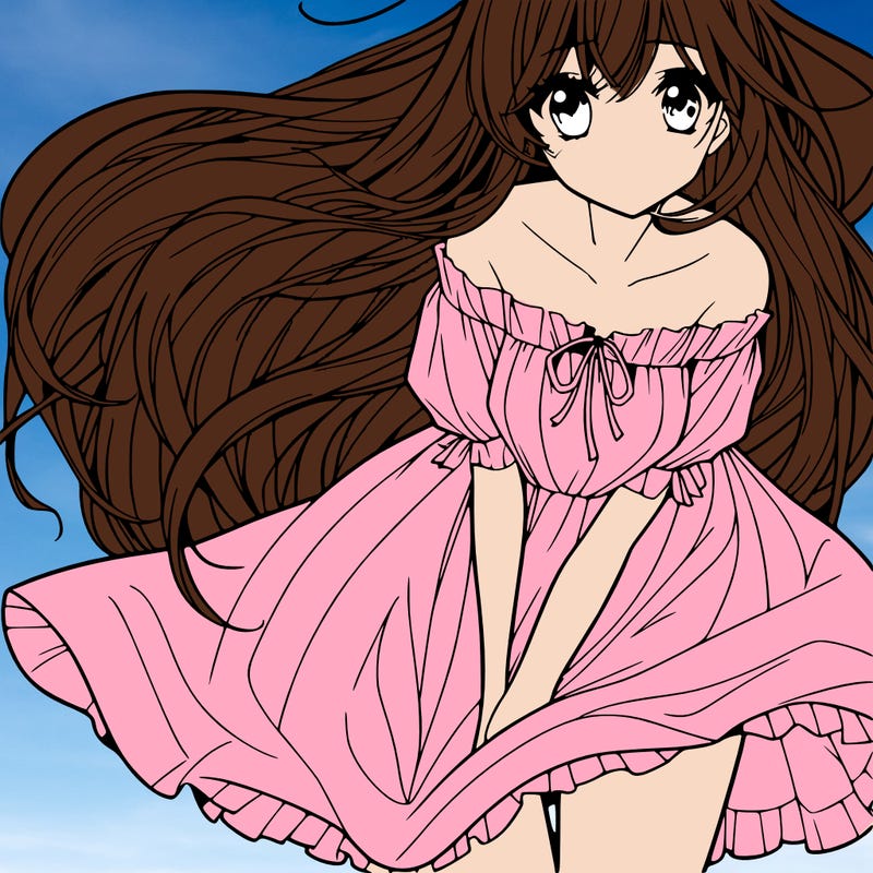 manga girl with long flowing hair and a dress that is pushed down