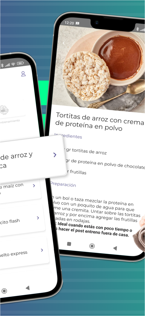Fitclub Fuerza Femenina - A healthy rice cake and protein cream recipe screen from the Fitclub fitness app