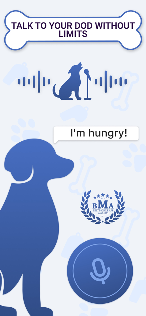 Interface of the Pawfy dog translator app featuring a dog silhouette with a speech bubble saying I'm hungry and a microphone recording button.