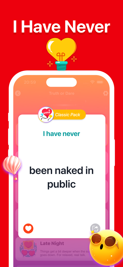 Truth or Dare?Spicy Dirty game - Pantalla de la aplicación Verdad o Reto que muestra una tarjeta de desafío Nunca he...