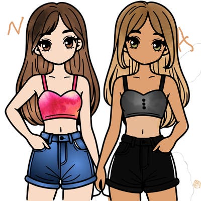 two sisters with crop tops and jean shorts and straight hair