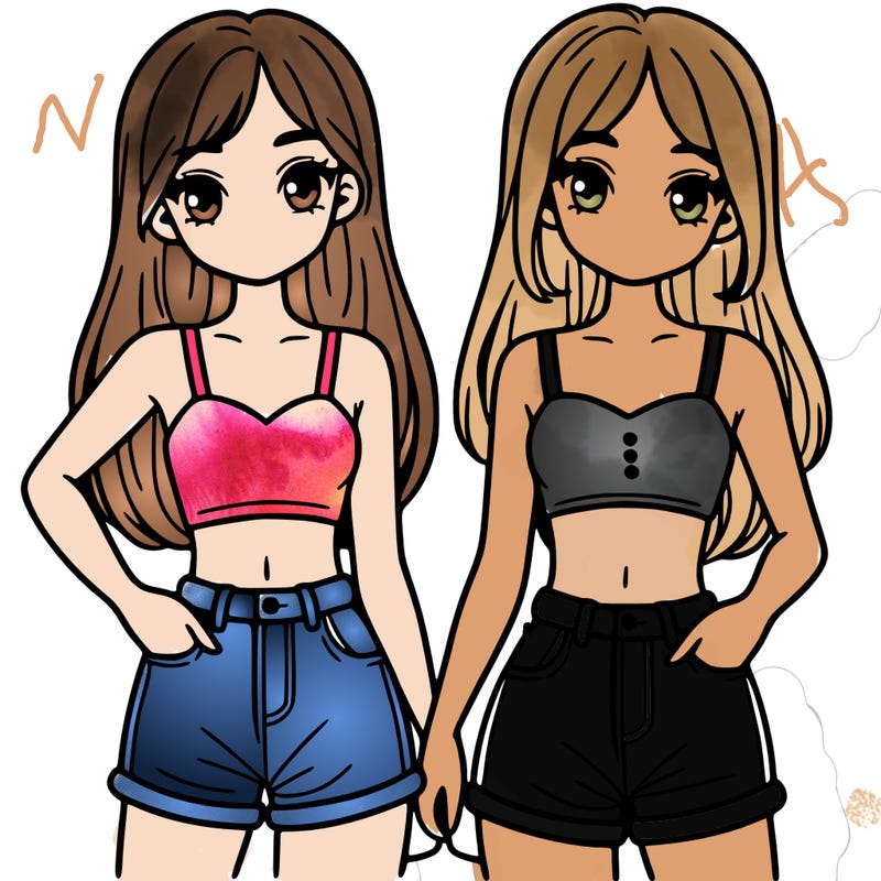 two sisters with crop tops and jean shorts and straight hair