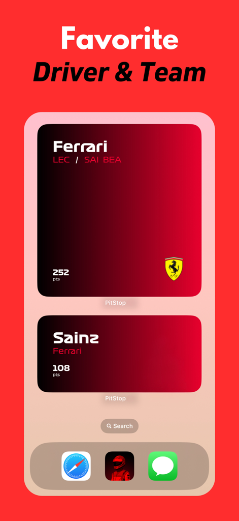 Race Widgets: PitStop Pro - iOS-Home-Bildschirm mit F1-Fahrer- und Team-Widgets für Ferrari und Carlos Sainz