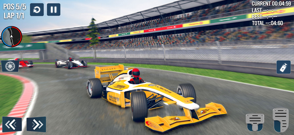 Extreme Formula Car Stunt Game - A yellow and white formula car racing on a stadium track with other cars in a mobile stunt game