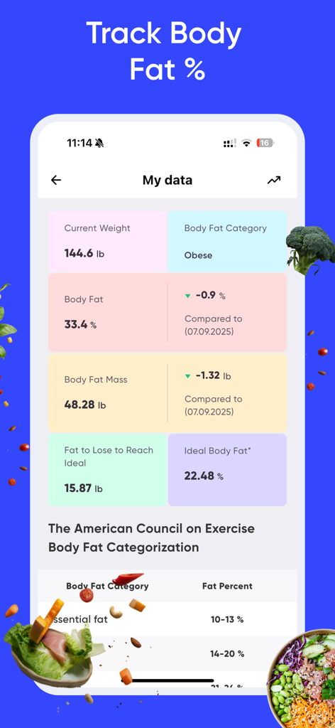 Calorie Counter by Wayout AI - Pantalla del panel que muestra el porcentaje y la masa de grasa corporal en la aplicación Calorie Counter de Wayout AI