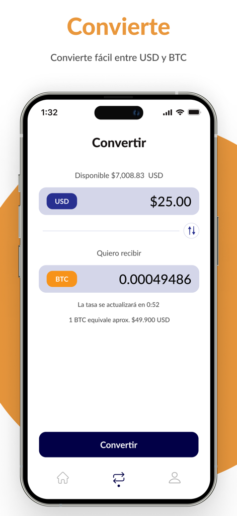 Interface of Chivo Wallet app for converting US Dollars to Bitcoin