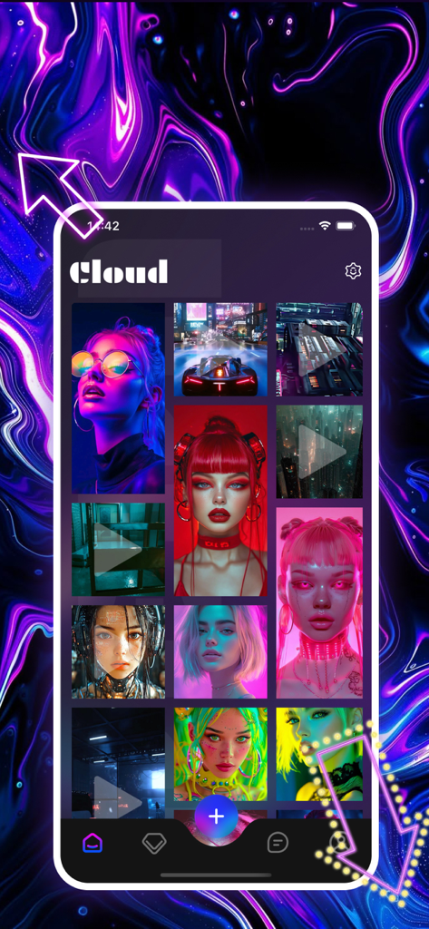 Smartphone exibindo a galeria na nuvem do aplicativo Hilo com retratos de estética cyberpunk e cenas de cidades futuristas.