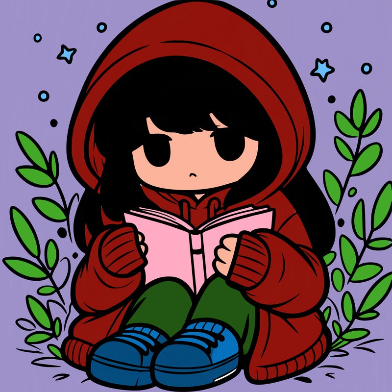 girl in oversized hoodie reading a book