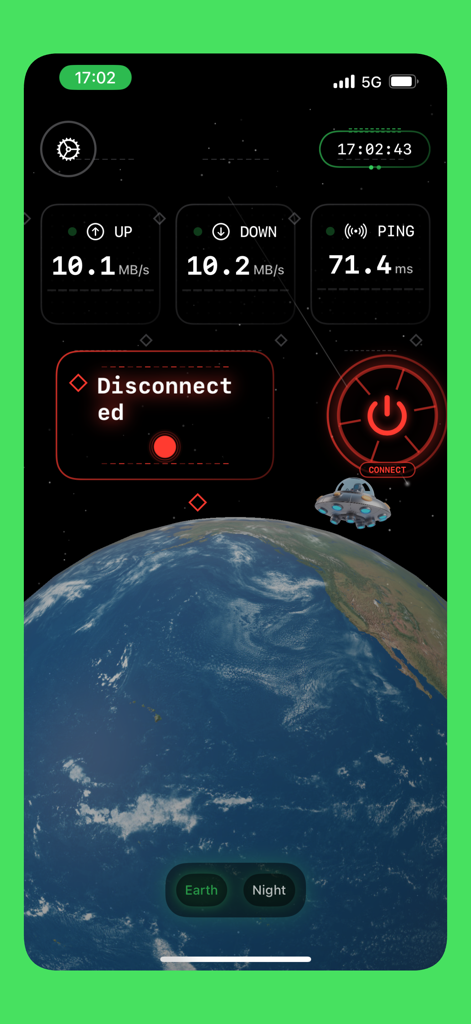 BearVPN app interface displaying network speed metrics and connection status