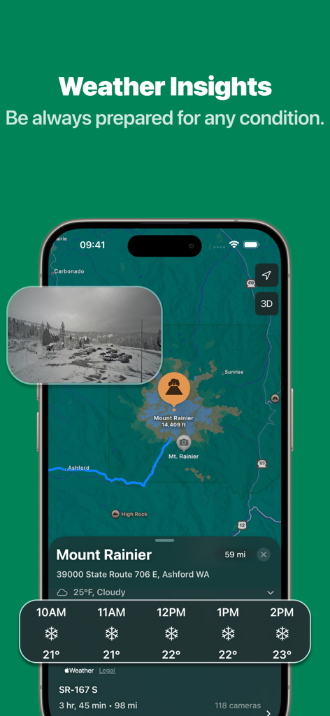 Aplicativo de câmeras de tráfego de Washington exibindo insights meteorológicos e um feed de câmera nevado ao vivo para Mount Rainier.