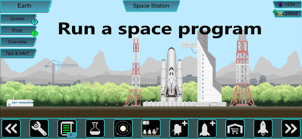 Tiny Space Program - Pixel art scene of a rocket on a launch pad with towers and game menu in Tiny Space Program.