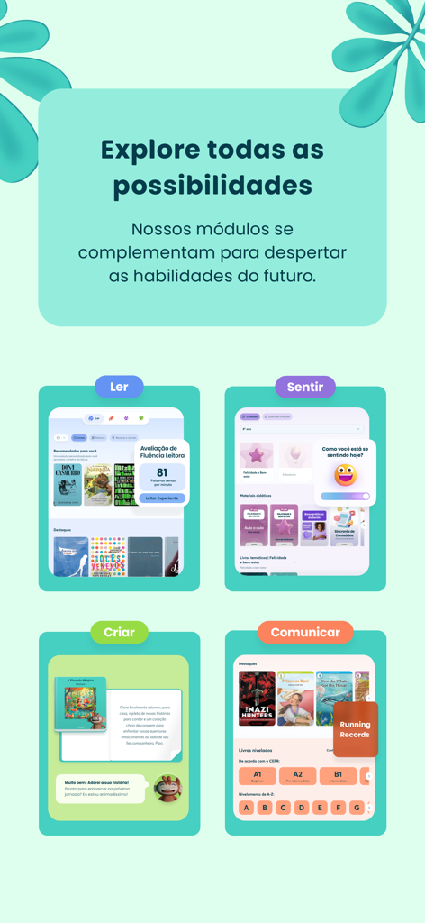 Árvore - Interface do aplicativo educacional Árvore apresentando quatro módulos para ler, sentir, criar e comunicar
