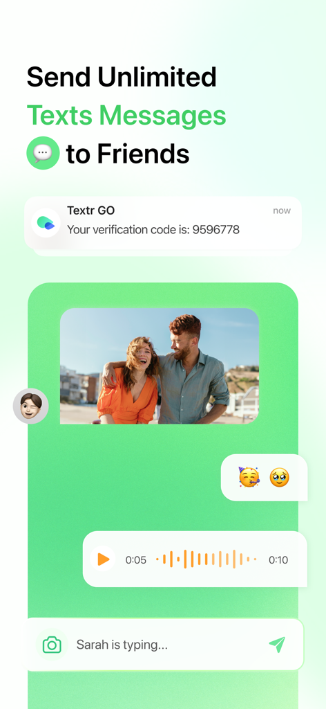 Textr Go: Personal Text & Call - Tela do aplicativo Textr Go mostrando uma interface de chat com mensagens de voz e uma notificação de código de verificação OTP