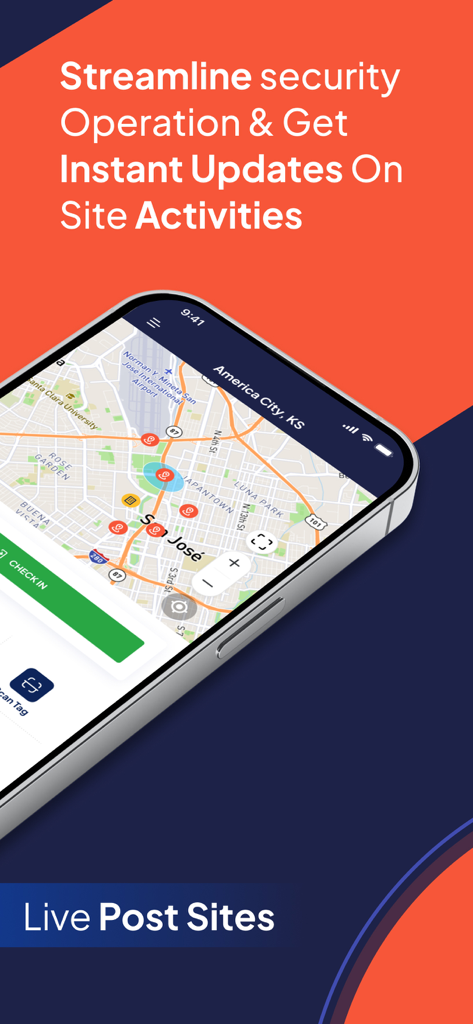 GuardsPro Security Guard App - GuardsPro mobile app interface showing live security post sites on a map with a check-in button.